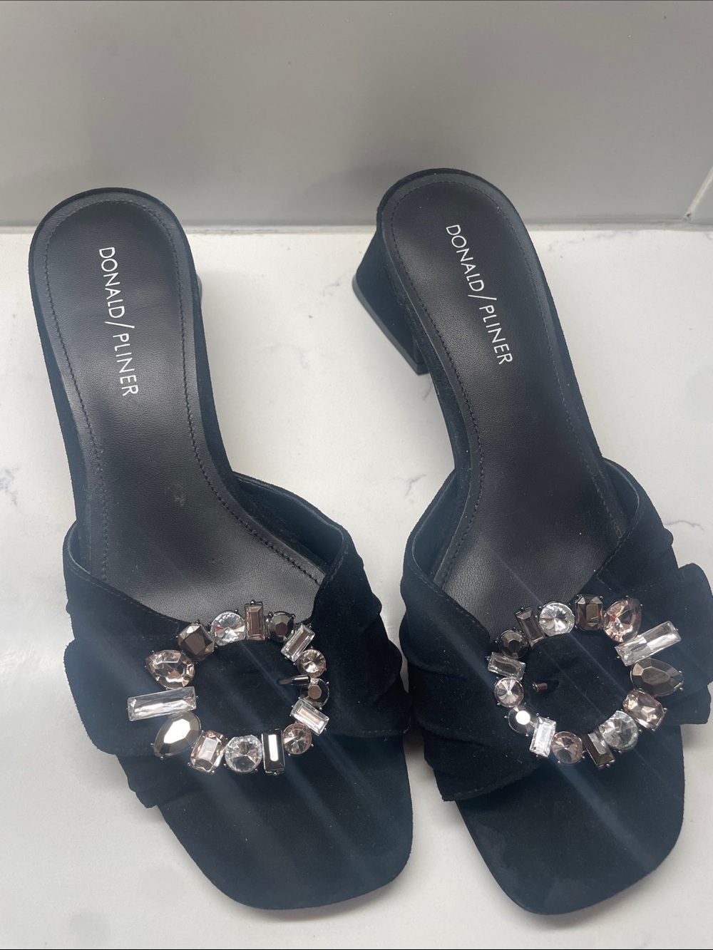 Donald J. Pliner Black Jeweled Suede Slide Mules
